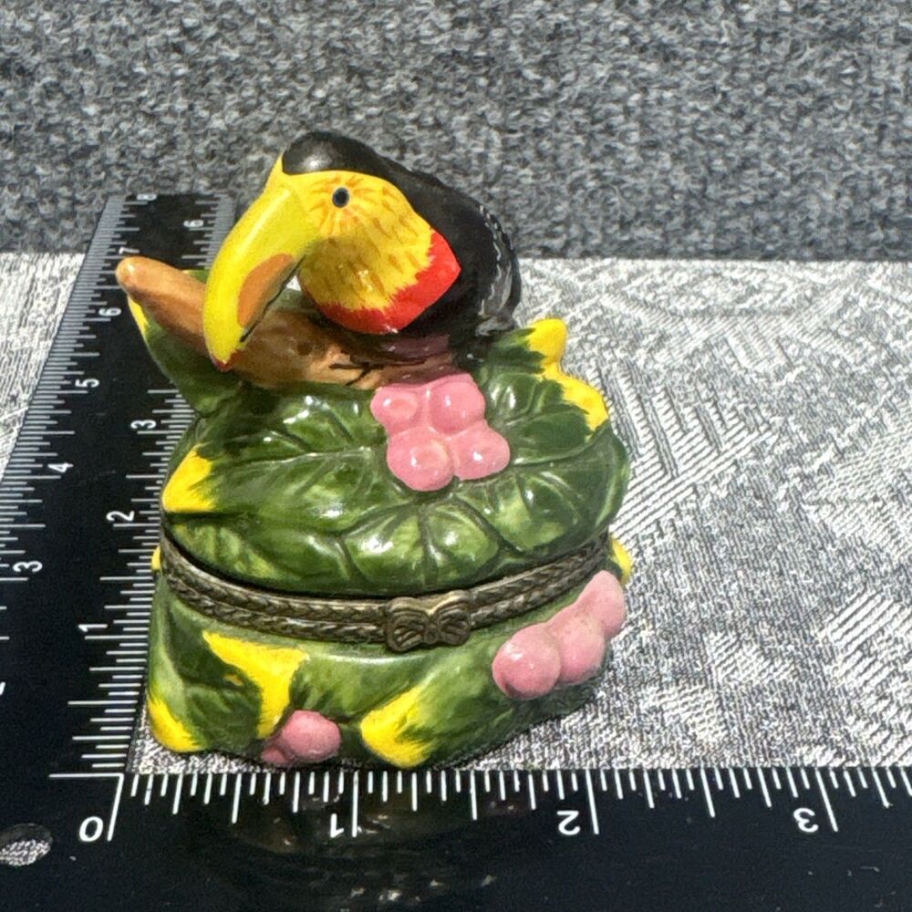 Toucan Tropical Bird Porcelain Enamel Pill Box, Bronze Filligree Hinges + Trim